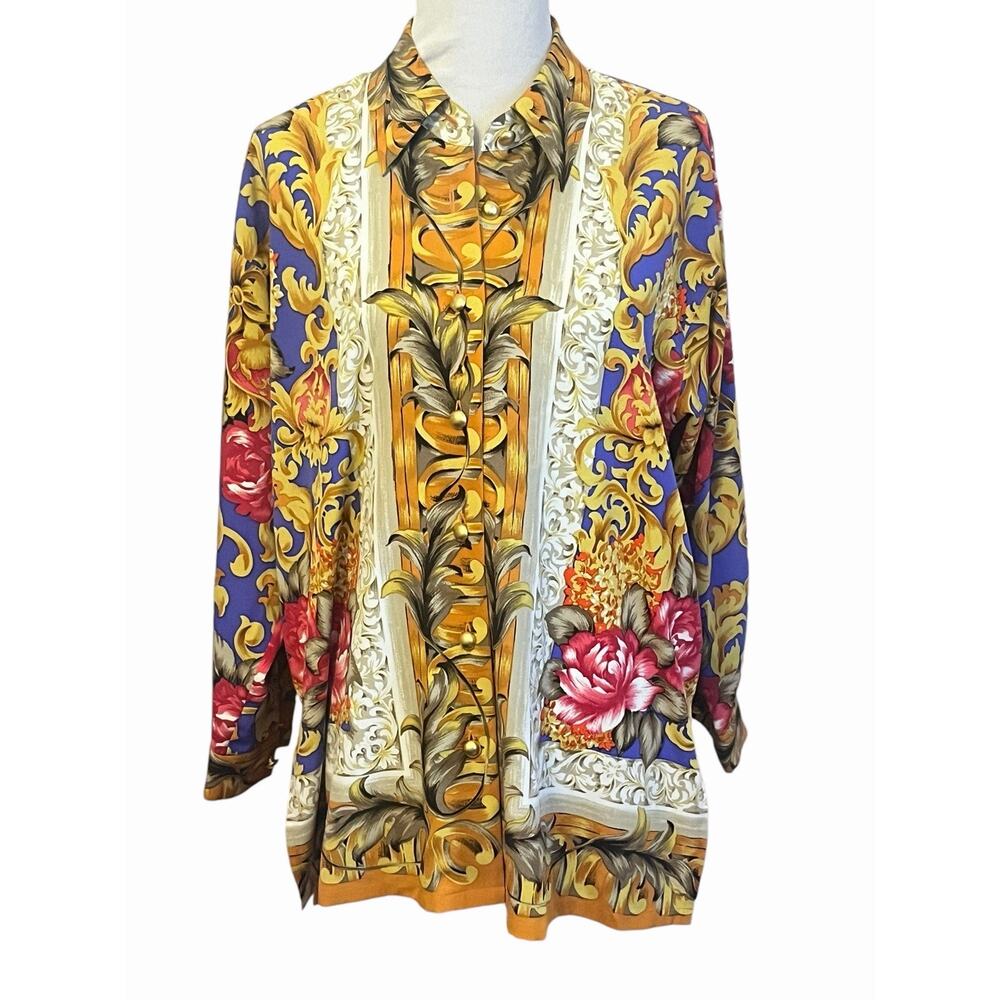 Vintage PIERRE BALMAIN Paris Satin Blouse •Women XL/ 12-14• Button Down JAPAN